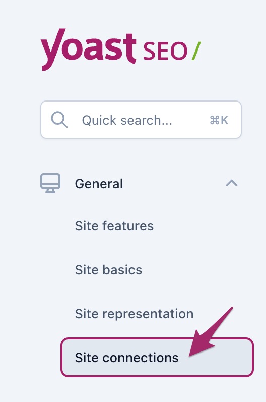 Screenshot of the 'Site connections' menu item in the Yoast SEO settings.