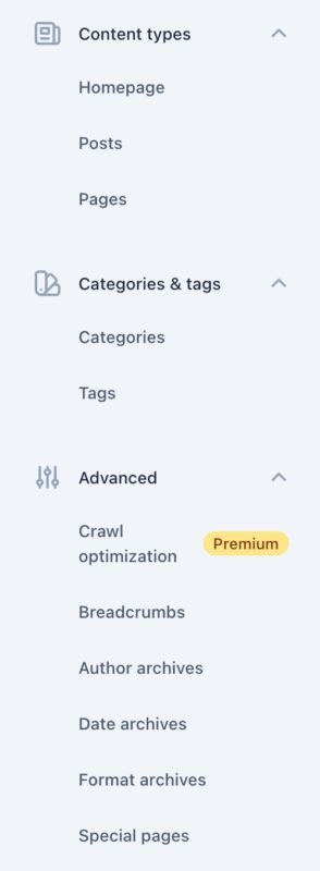 Screenshot of the Yoast SEO settings menu, showing the headings Content types, Categories & tags, and Advanced.