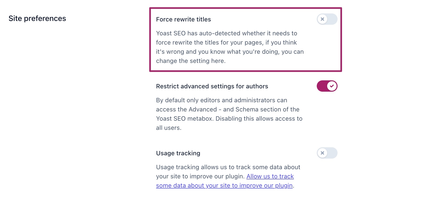 Screenshot of the "Force rewrite titles" option in the Yoast SEO settings.