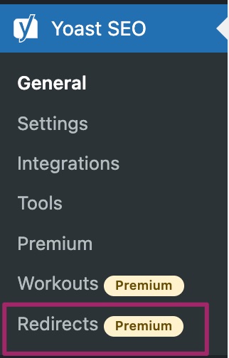 Screenshot showing the Redirects menu item in Yoast SEO