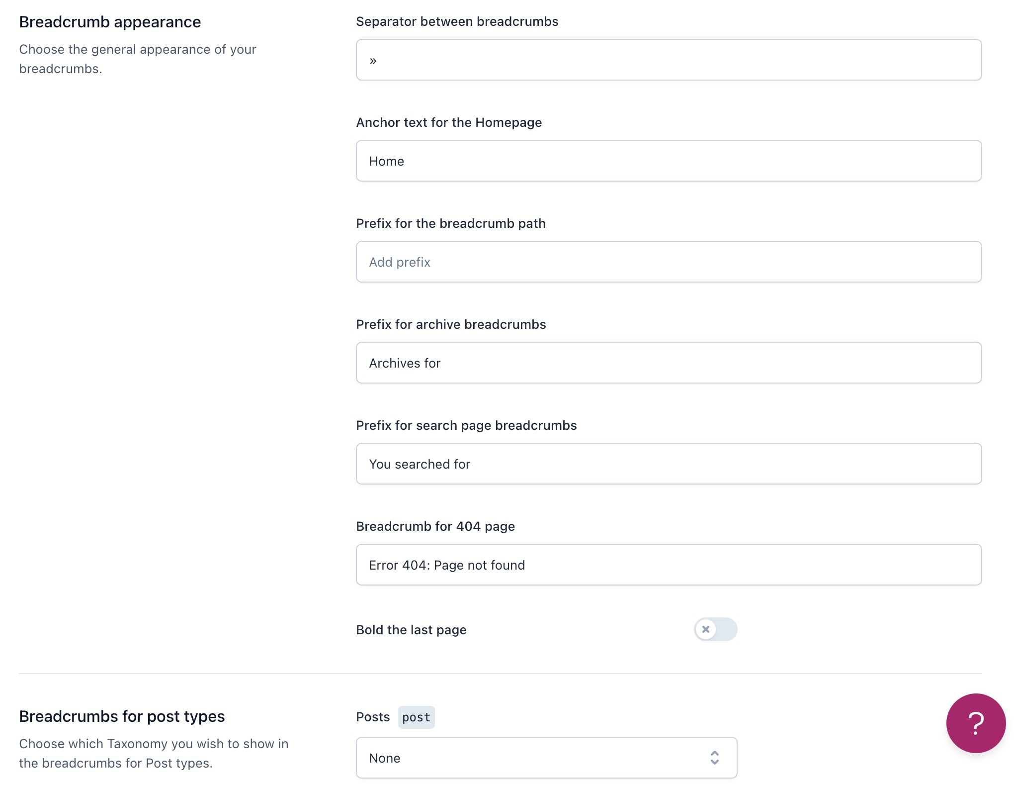 Screenshot of the Breadcrumbs settings in Yoast SEO