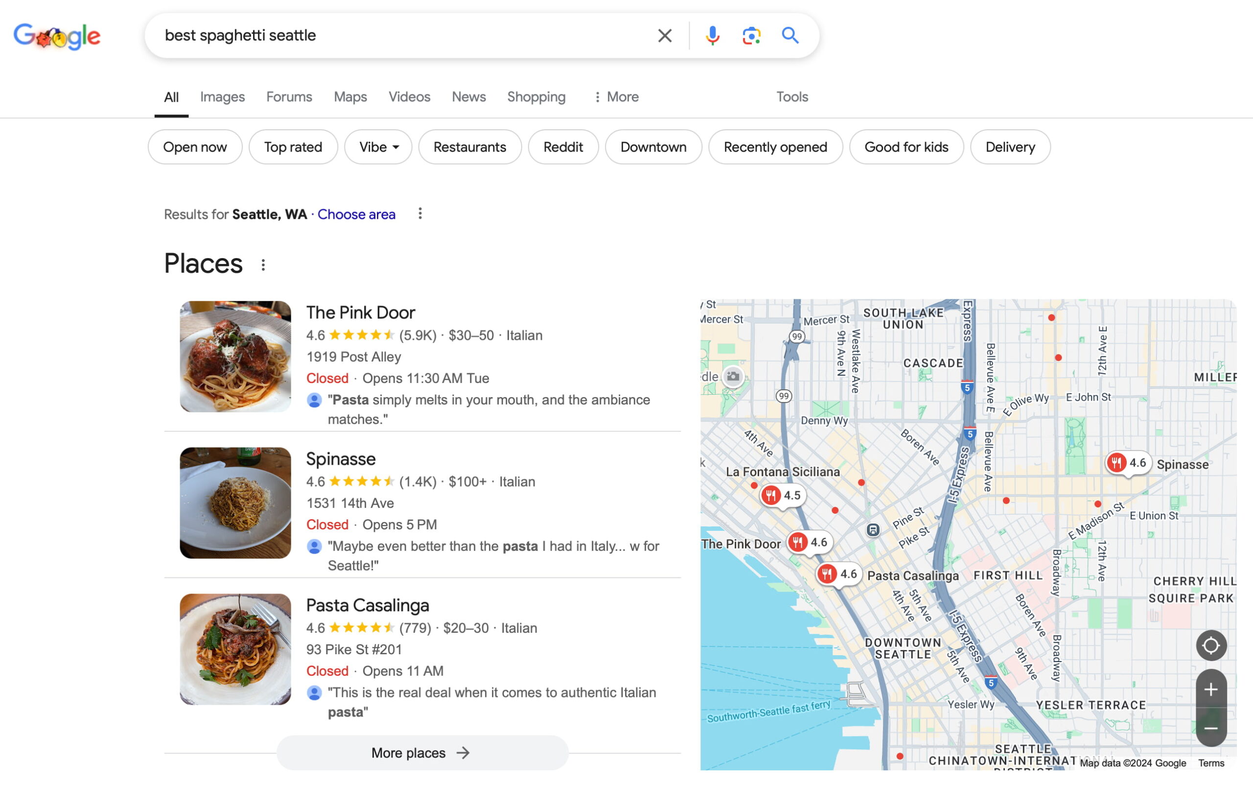 a serp feature called a local three-pack after searching for best spaghetti seattle