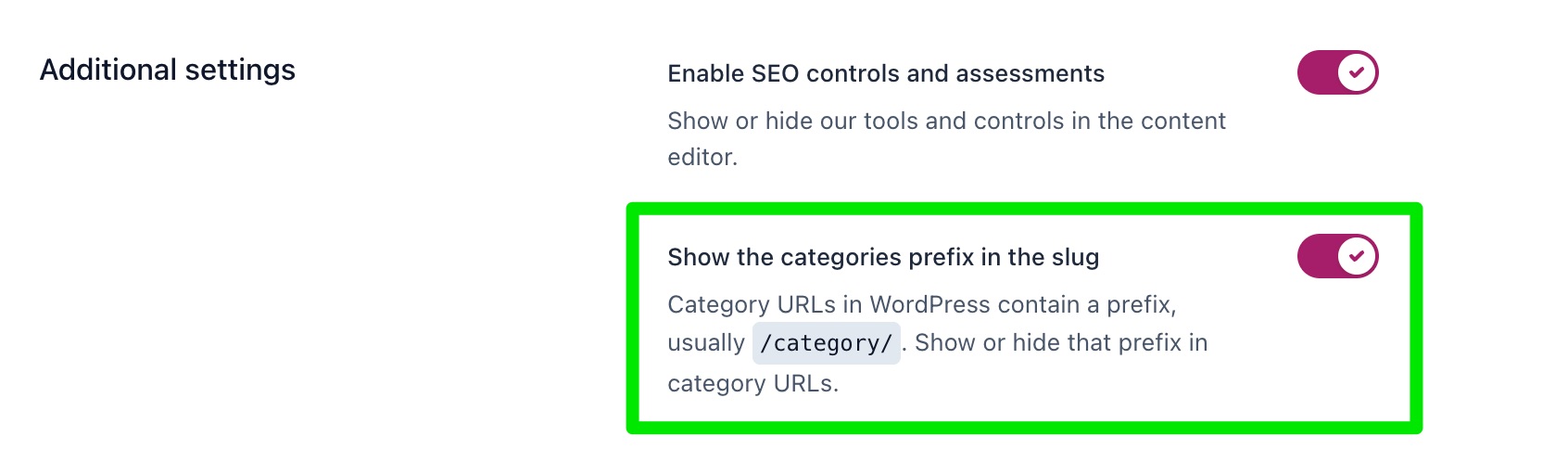 Screenshot of the 'Show categories prefix' setting in Yoast SEO.