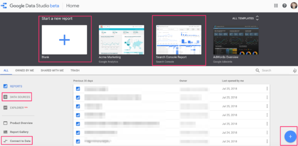 Default Google Data Studio page