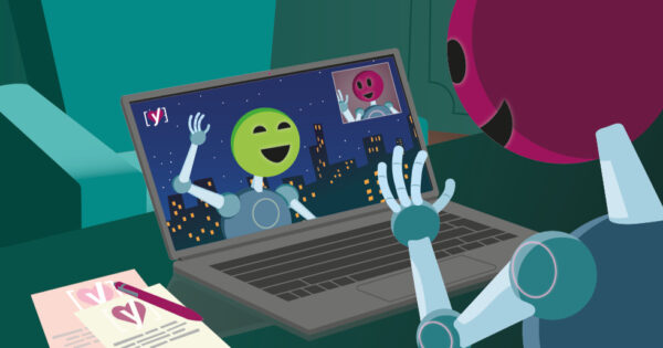 care fund illustration of two people waving to each other through a laptop