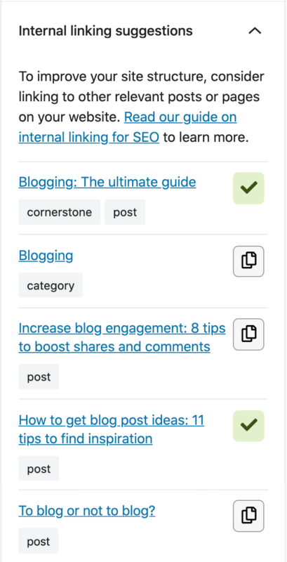 internal linking suggestions in Yoast SEO sidebar