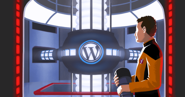 Illustration of someone in a Yoast uniform looking at a machine with the WordPress logo on it