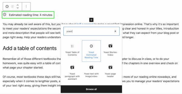 manage readers expectations by using the Yoast estimated reading time block