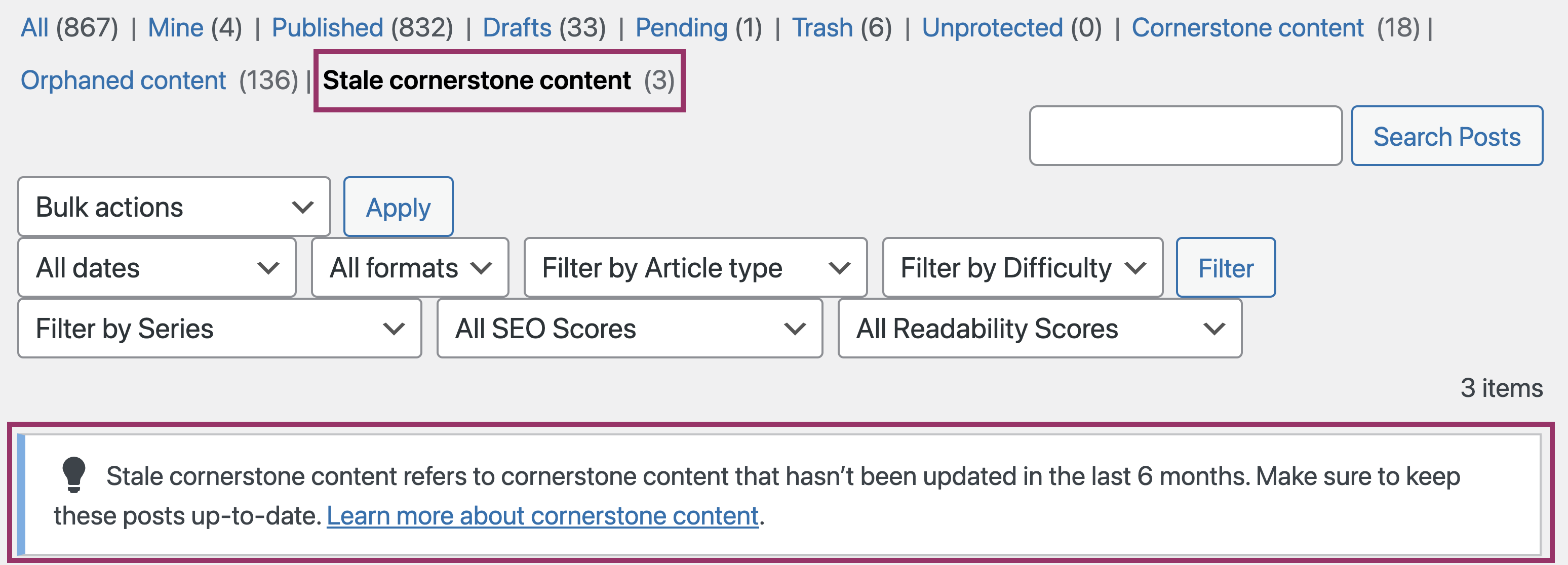 The stale cornerstone content filter in yoast seo