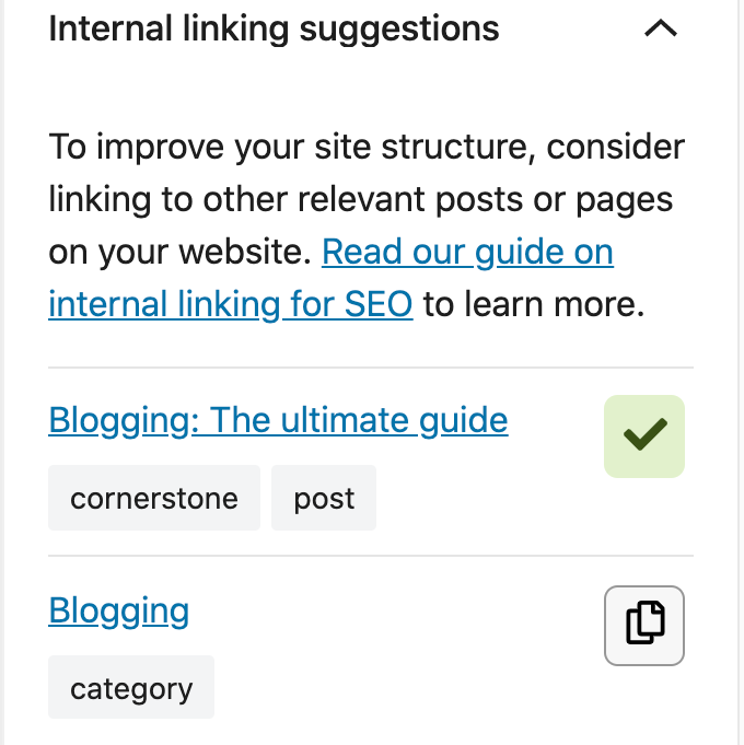 internal linking suggestions in Yoast SEO sidebar