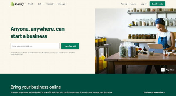 screenshot of the homepage on shopify.com