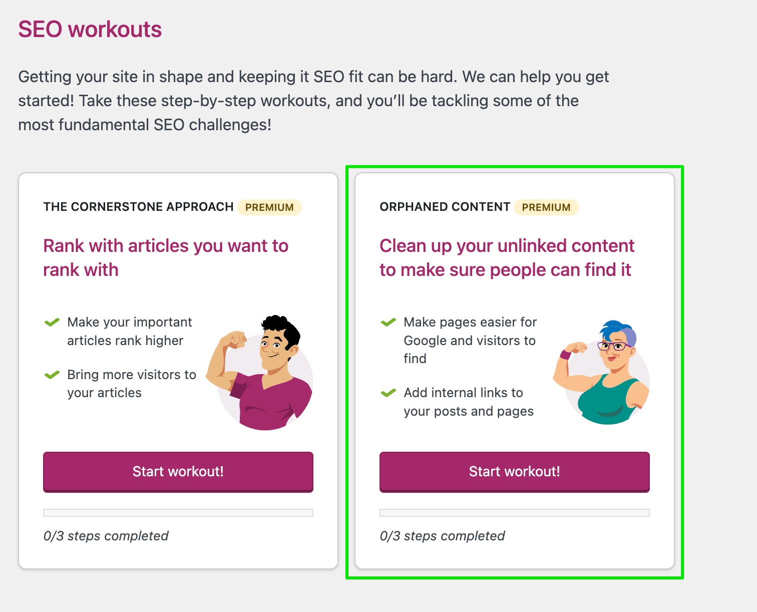 Screenshot of the SEO workouts in Yoast SEO, highlighting the Orphaned content workout