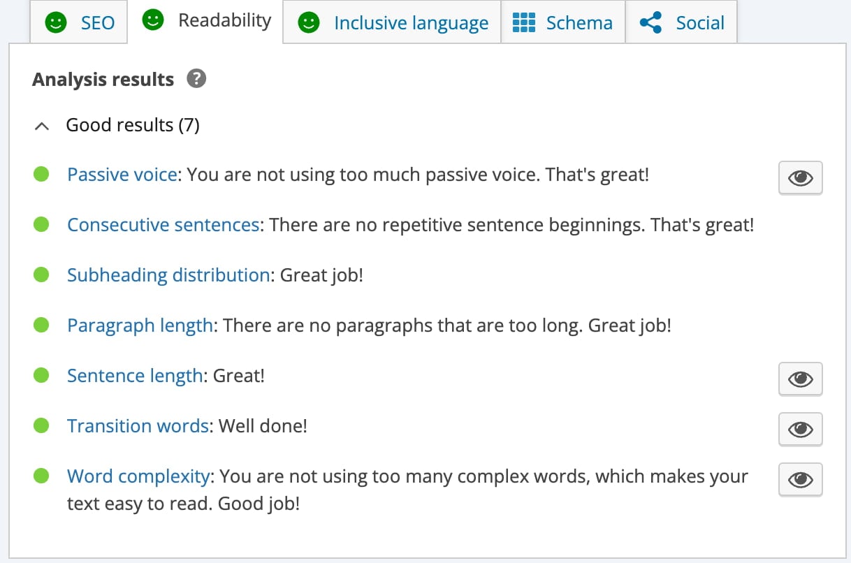 the Yoast SEO readability analysis in the WordPress meta box shows all green traffic lights for an article
