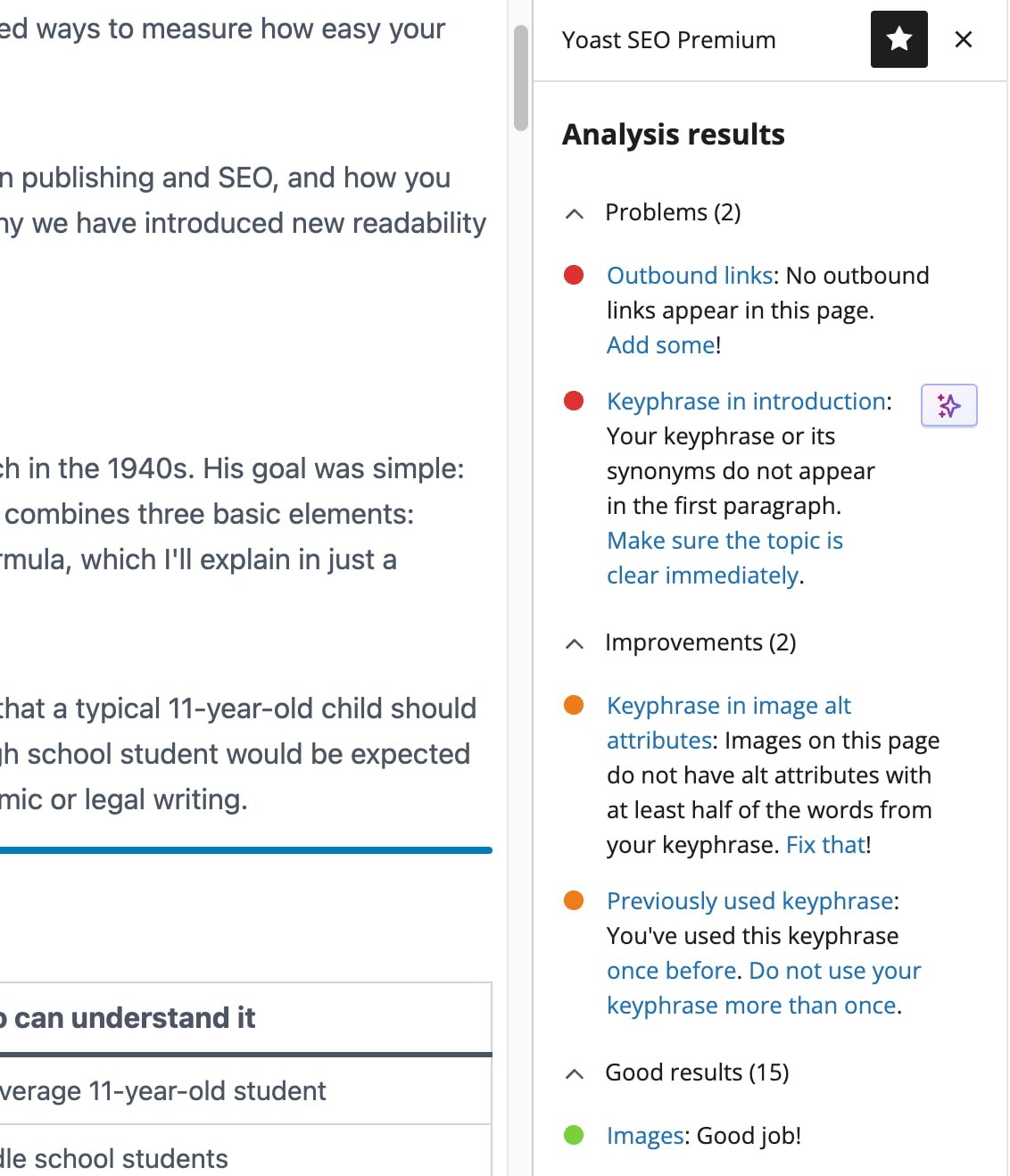 The Yoast SEO analysis in the WordPress post editor sidebar shows things that can be improved