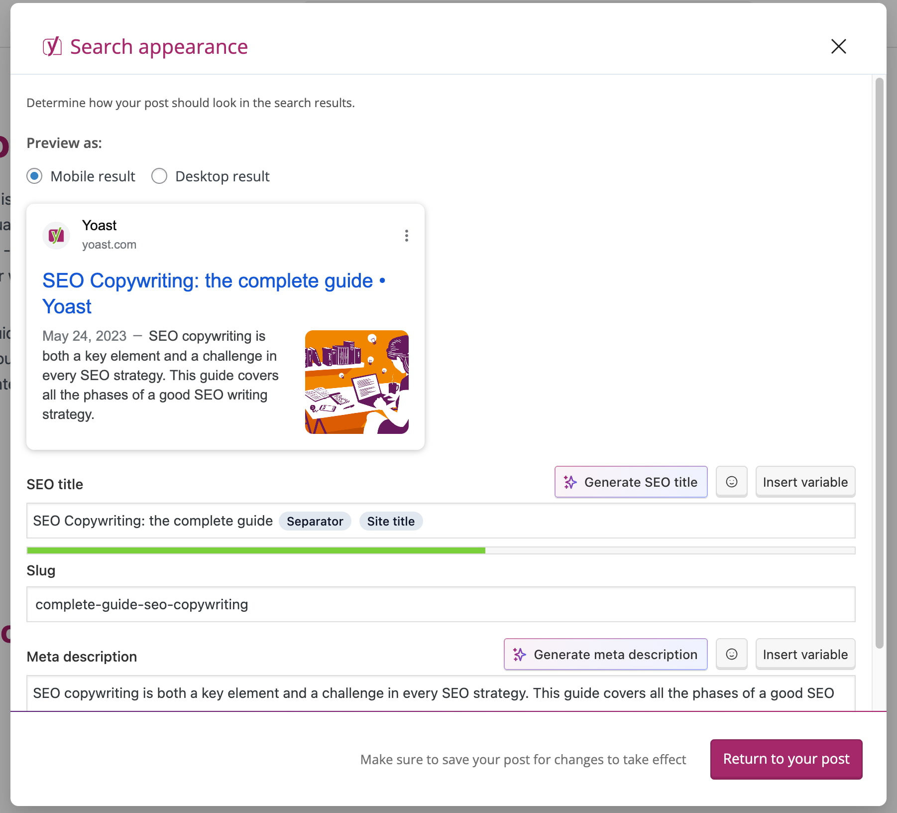 the search appearance section in  Yoast SEO showing how an article would look in the SERPs