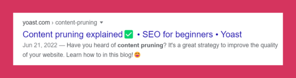 a screenshot of a search snippet with the check mark emoji in the title. and a smiley emoji in the meta description
