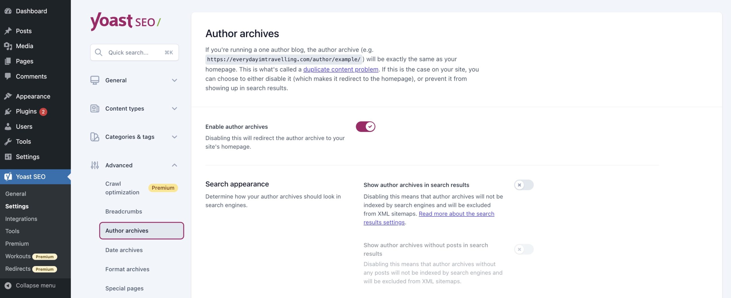 Screenshot shows the Yoast SEO Author archives under Yoast SEO settings