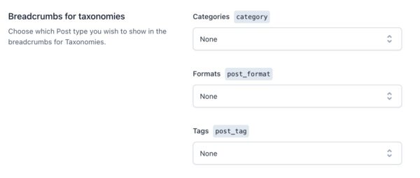 Screenshot of the Breadcrumbs for taxonomies setting in Yoast SEO. 