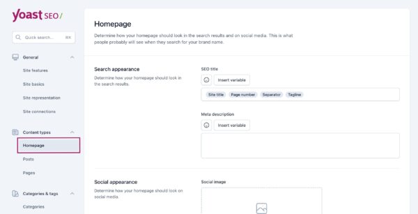 Screenshot of the Homepage settings in Yoast SEO.