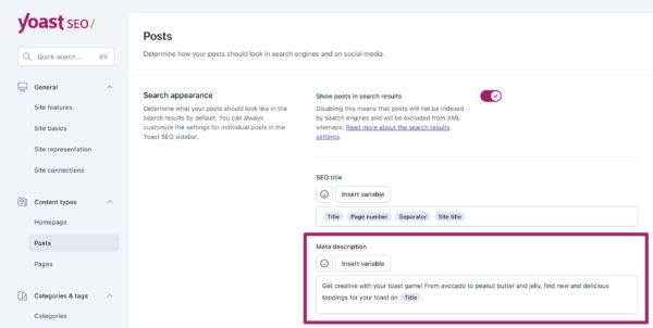 Screenshot of the Posts settings in Yoast SEO, highlighting the Meta description field. 