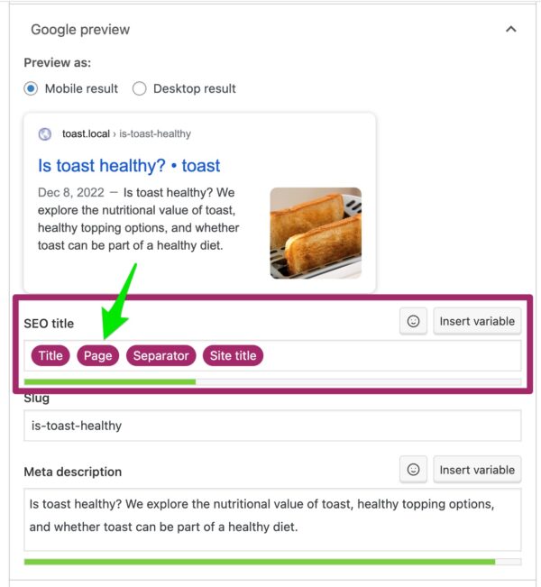Screenshot of the 'Page' variable in the SEO title field in the Google preview in the Yoast SEO metabox.