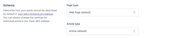 Screenshot of the "Schema" section in the Posts settings in Yoast SEO