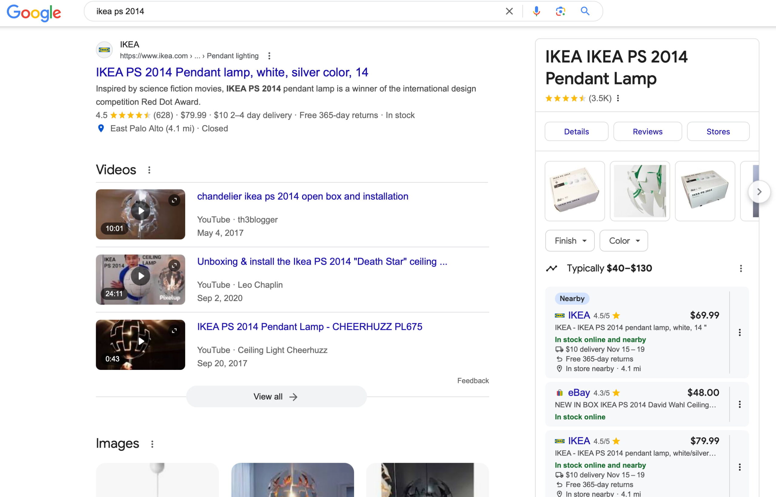 google search result for an ikea lamp showing places to buy