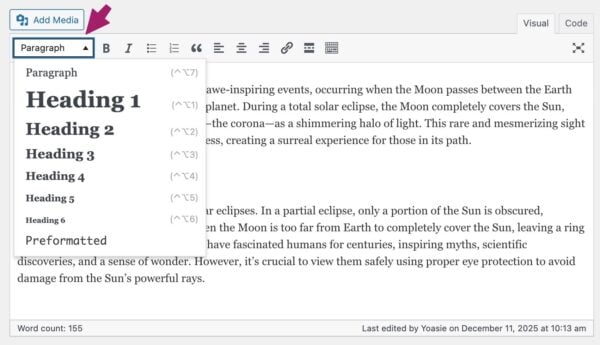 adding headers in the classic editor using the headings drop down menu
