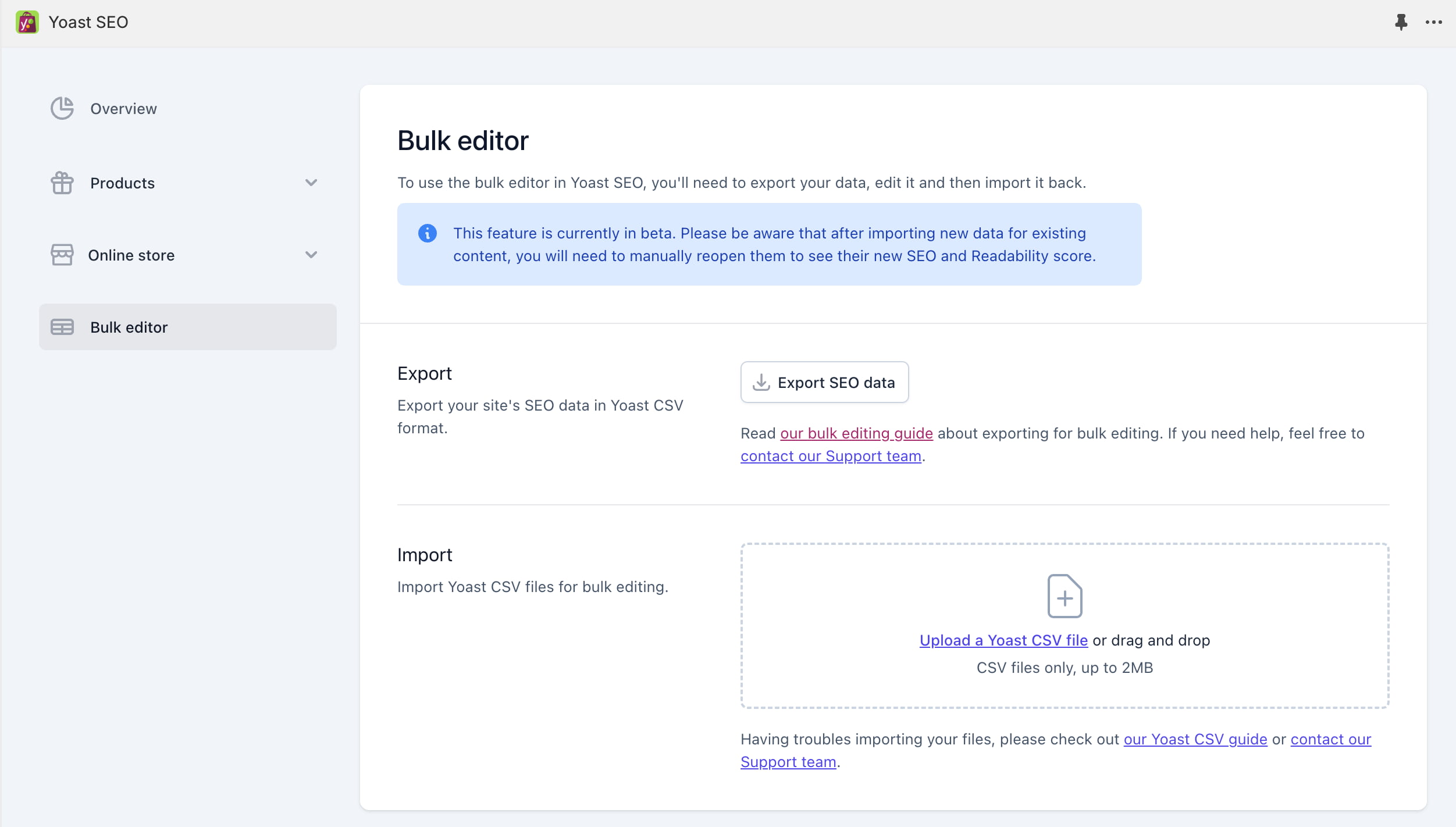 the interface of the bulk editor of yoast seo for shopify, showing the import and export options for csv files