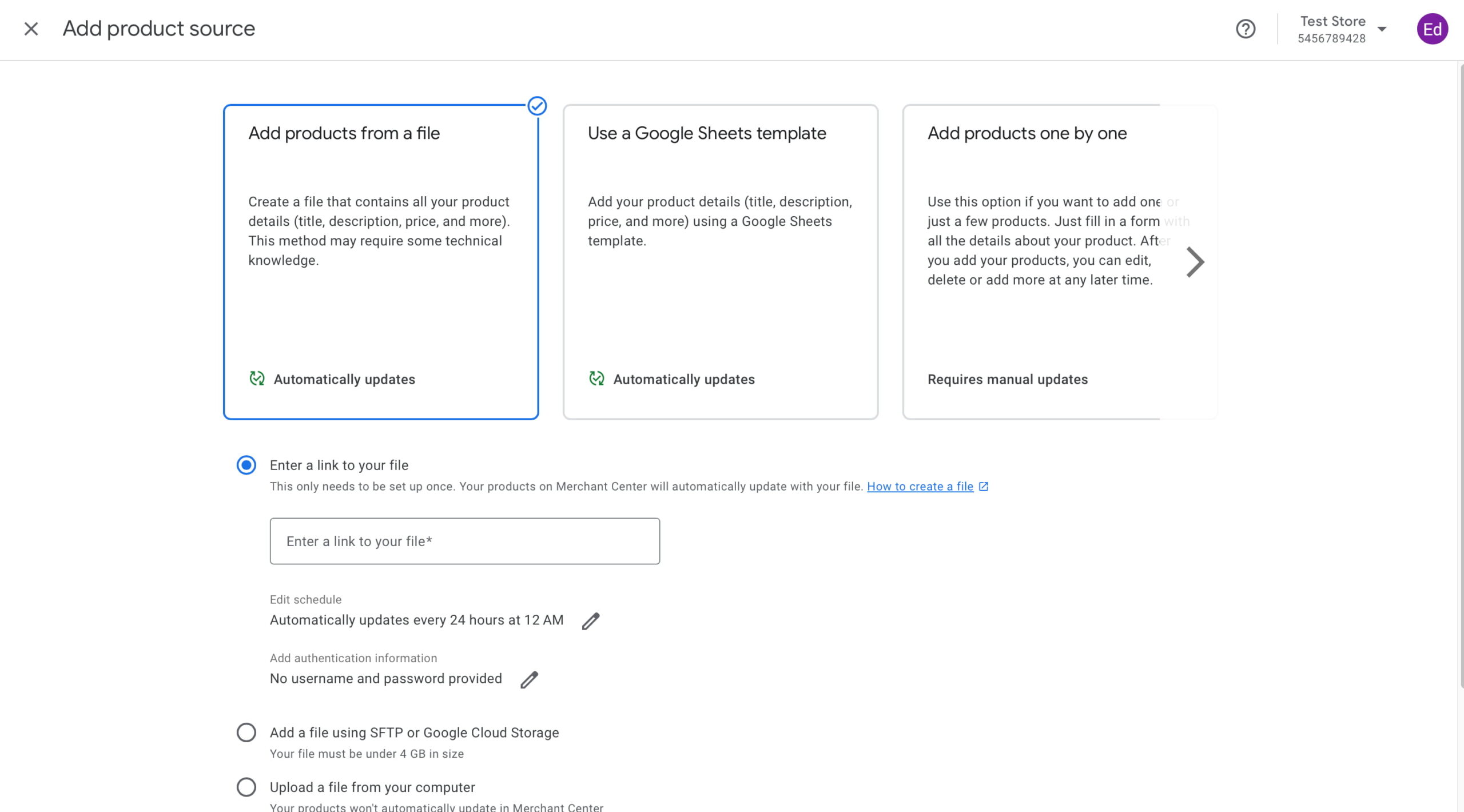 an image showing how to  add product data sources or feeds in google merchant center