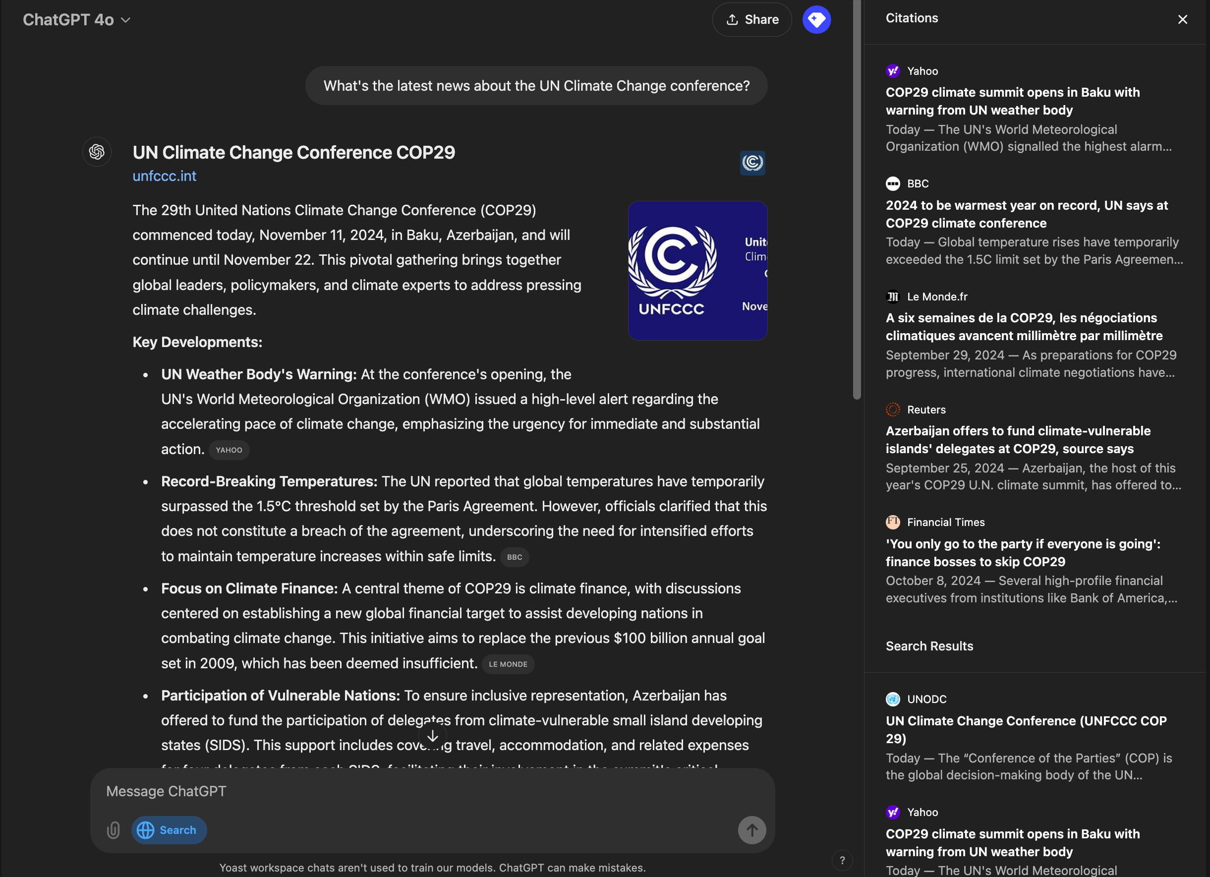 chatgpt search screen showing news about the un climate change conference