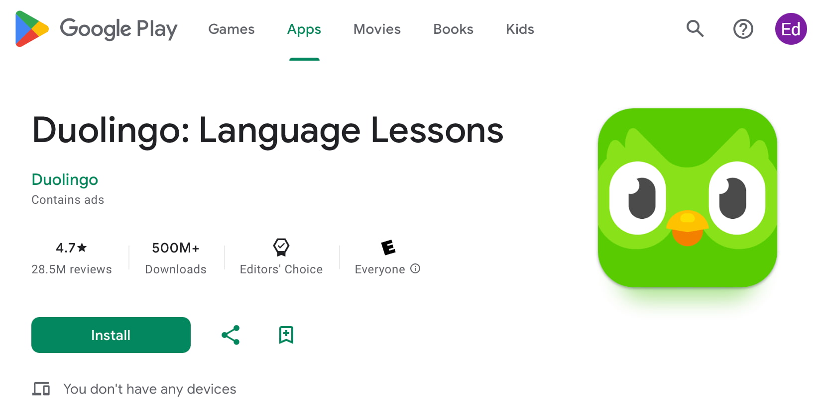 the mobile listing for duolingo showing the famous owl logo