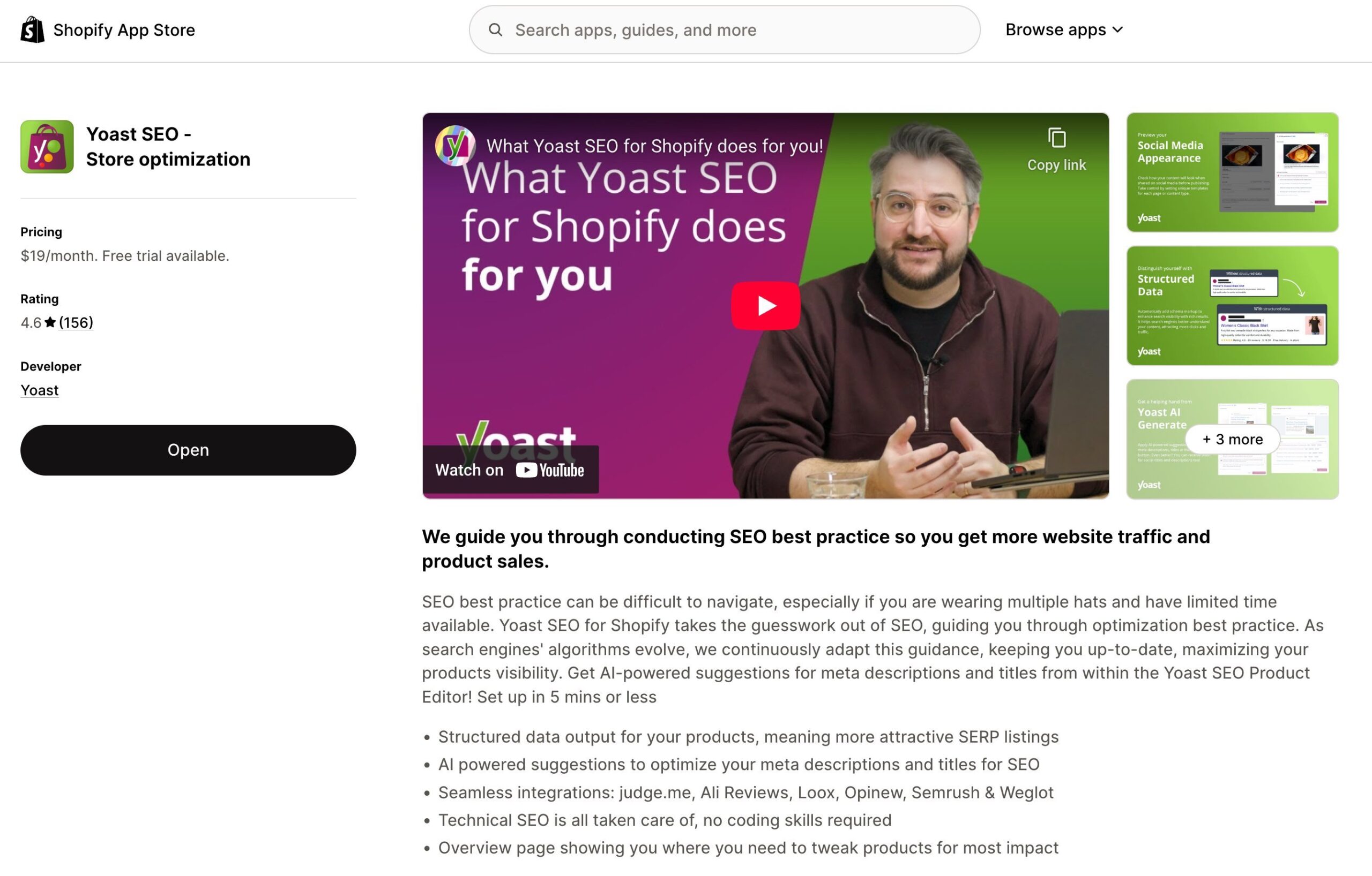 Yoast SEO for Shopify listing in the app store