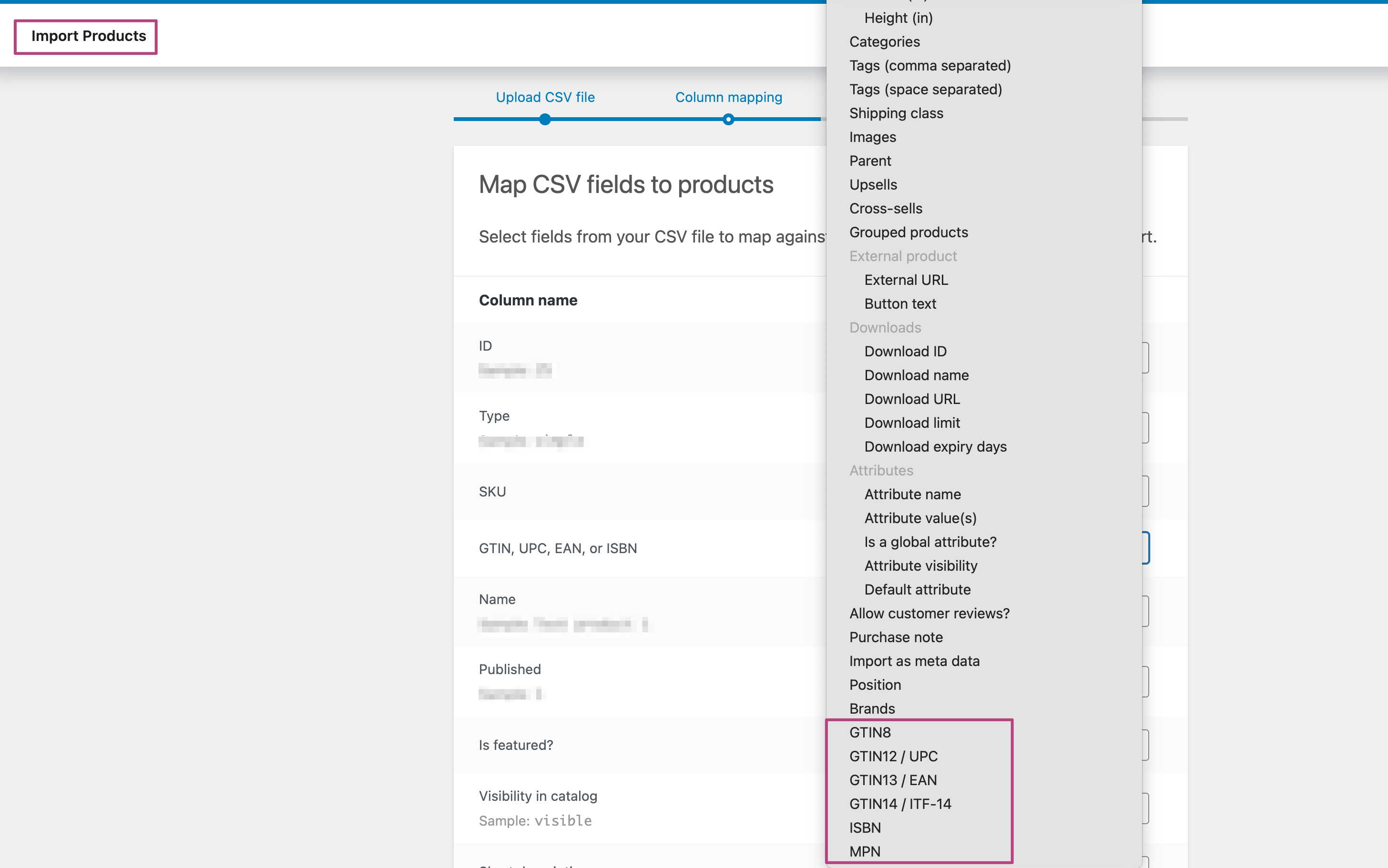 Screenshot shows importing product identifiers 