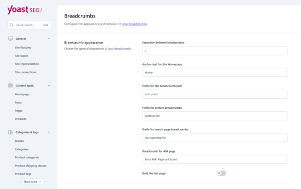 Yoast WooCommerce SEO breadcrumbs settings