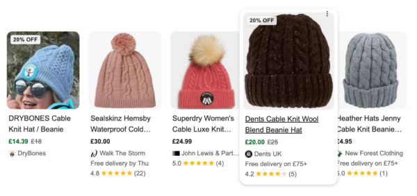 Organic search results for 'cable knit hat' organic search results for cable knit hat, demonstrating how the strikethrough features look from the searcher perspective