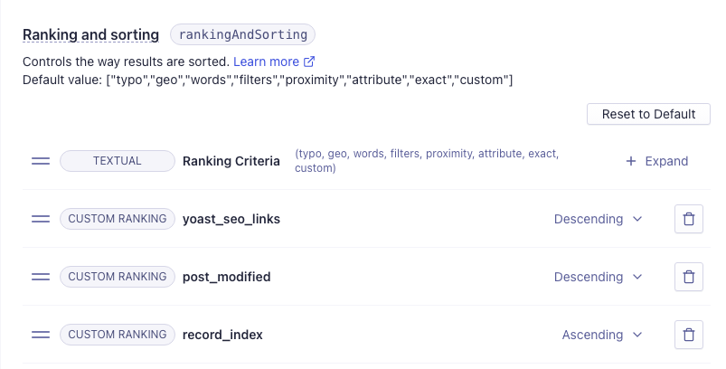 Algolia ranking using Yoast SEO metrics